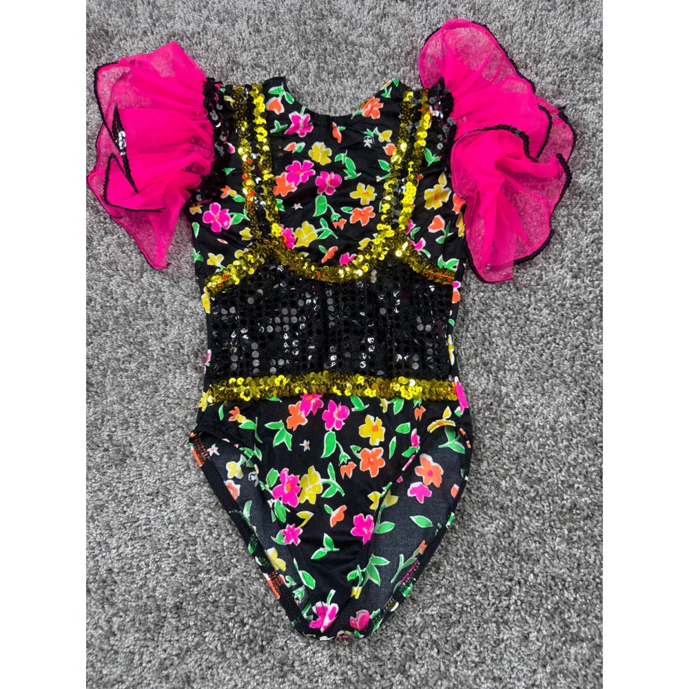 Girls Floral Dance Leotard Pink Ruffle Sequin Neon Flower Costume Gymnastics